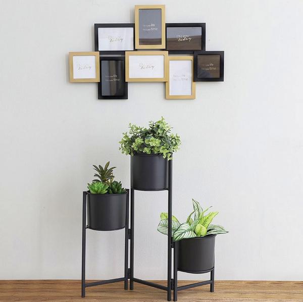 Metall Blumenständer faltbar mit 3 Pflanztöpfen schwarz